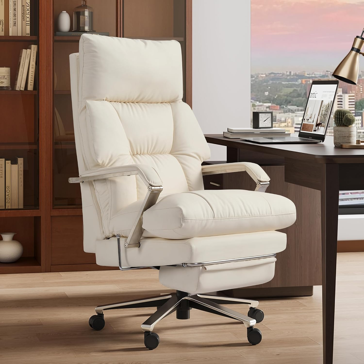 M76 Reclining Office Chair with Footrest, 160° Recline, Leather, Cream | Amazon (US)