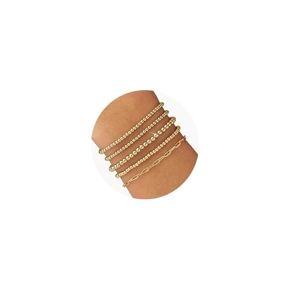 Gold Beaded Bracelet for Women 14K Gold Plated Bracelets Gold Stretch Bead Ball Bracelets Hypoall... | Amazon (US)