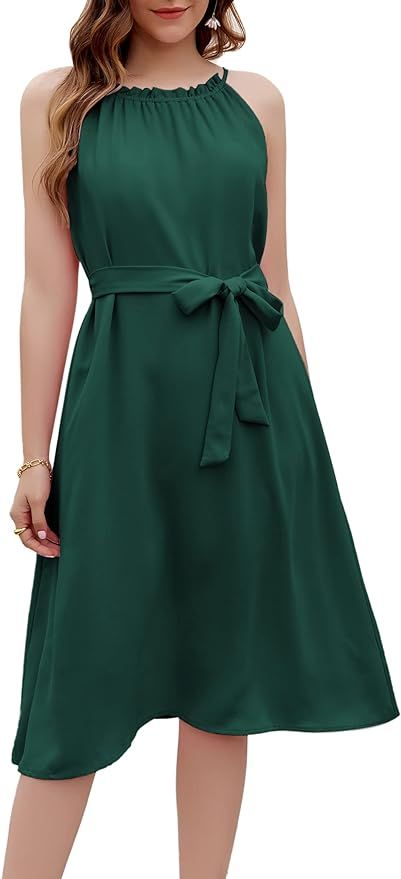 GRACE KARIN Women's Sleeveless Halter Neck Dress Midi Dress with Belt Pockets Dress Cocktail Dres... | Amazon (US)