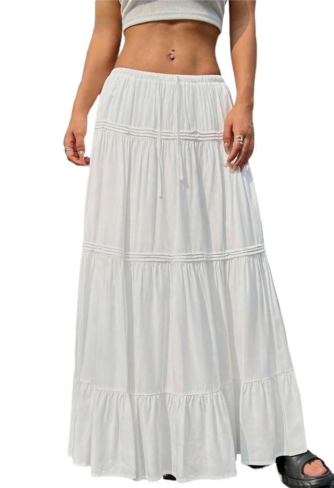 Women's Basic Tiered Layer Casual Women Plain And Pleated Long Skirt Ultra Low Waist Casual Skirt... | Amazon (US)