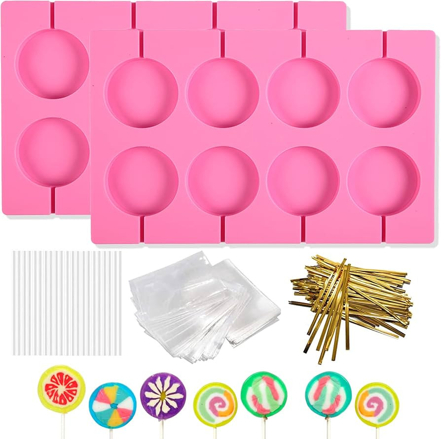 2Pcs 8 Capacity Silicone Lollipop Molds,Hard Candy Chocolate Sucker Mold with 20pcs 3.15 inch Lol... | Amazon (US)