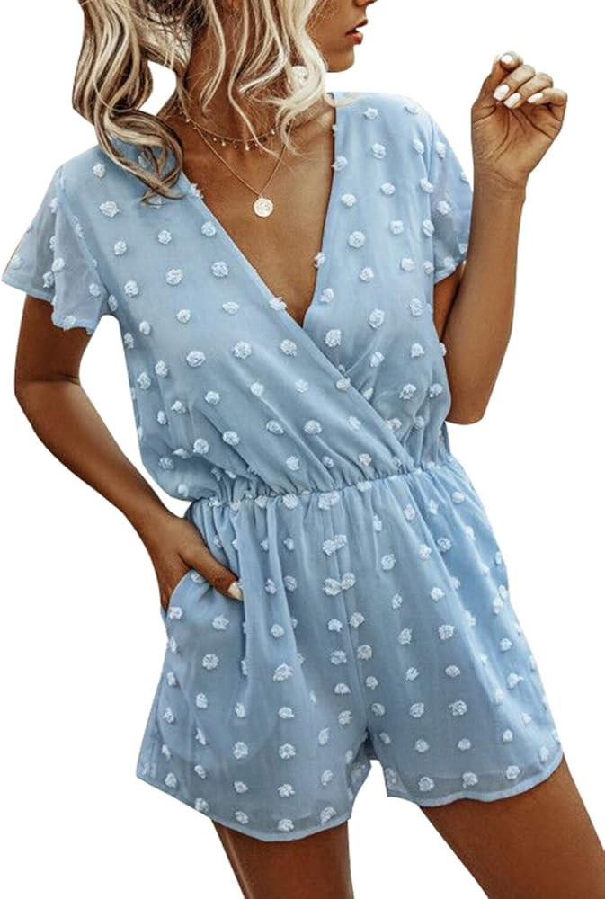 Women Fashion Wrap V-Neck Swiss Dot Print Short Sleeve Elastic Waist Plain Summer Pockets Shorts ... | Amazon (US)