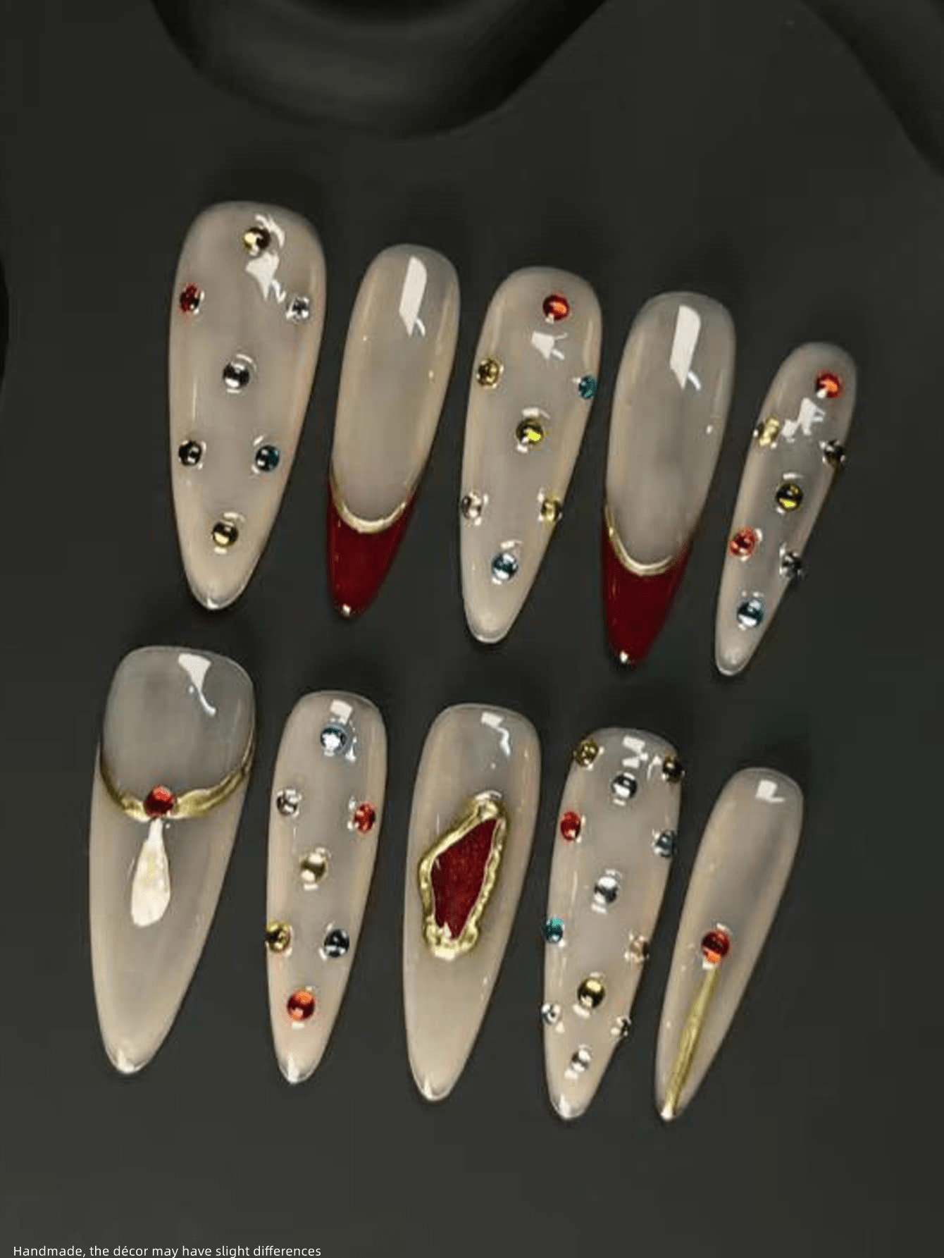 10pcs Handmade Nail Art Set, Includes Minimalist Red French Manicure, 3D Rhinestone Cat Eye Nails... | SHEIN