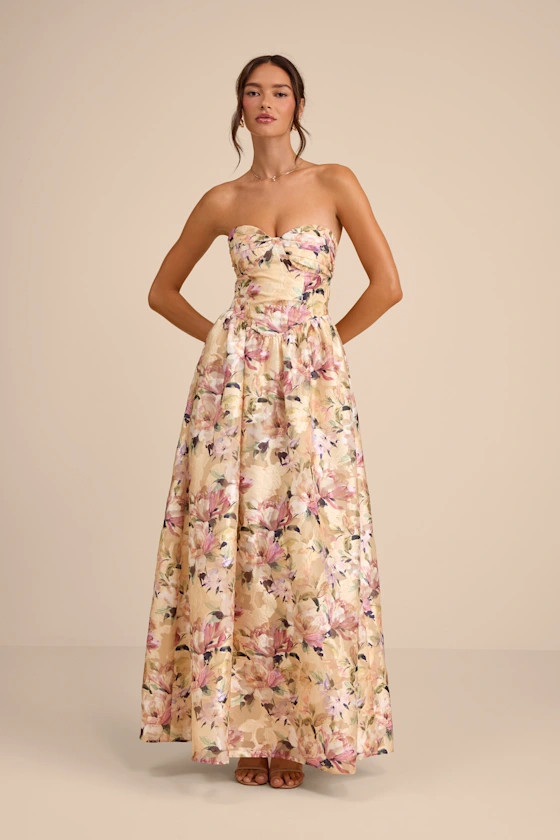 Kathani Light Yellow Floral Jacquard Bustier Maxi Dress | Lulus