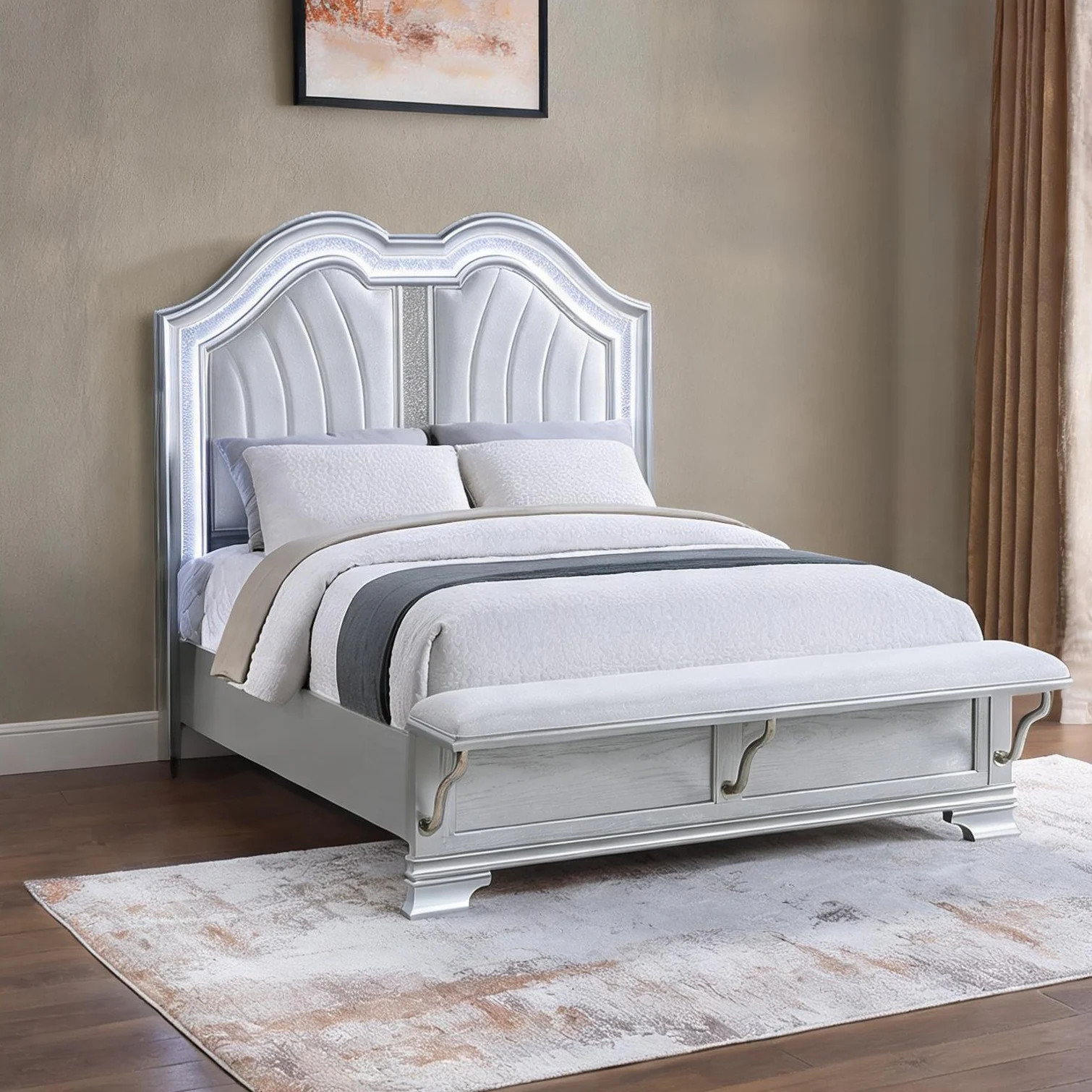 SunJet Eastern King upholstered bed in cool silver with built-in footboard bench and USB port ideal for master bedrooms one_size | 5LB9XKBDFVMU | Lowe's