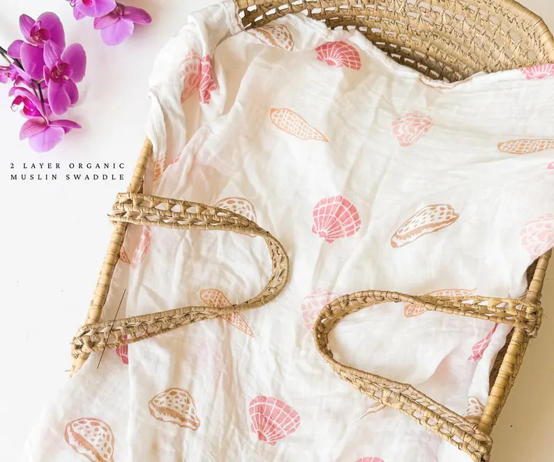 100% Organic Bamboo & Cotton Seashell Muslin Baby Blanket or Swaddle, Boho Mermaid Gift for Newbo... | Etsy (US)