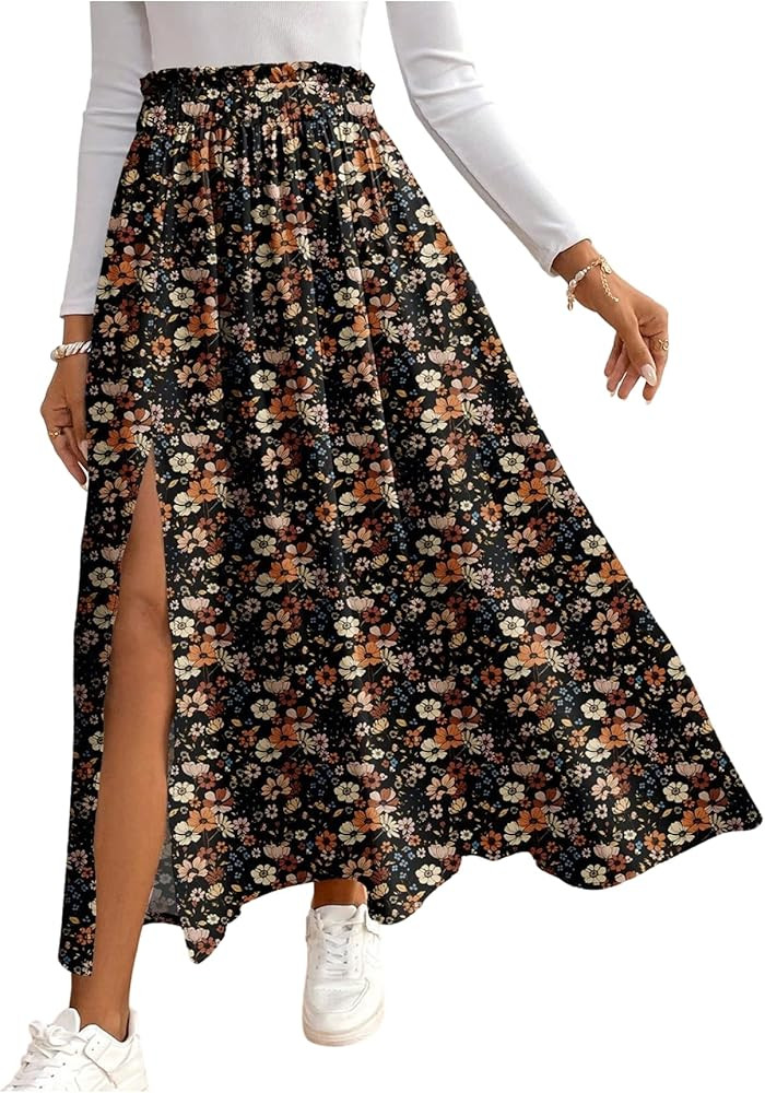 SOLY HUX Women's Floral Skirts High Waisted Split Swing Flowy Boho Vacation Long Skirt | Amazon (US)