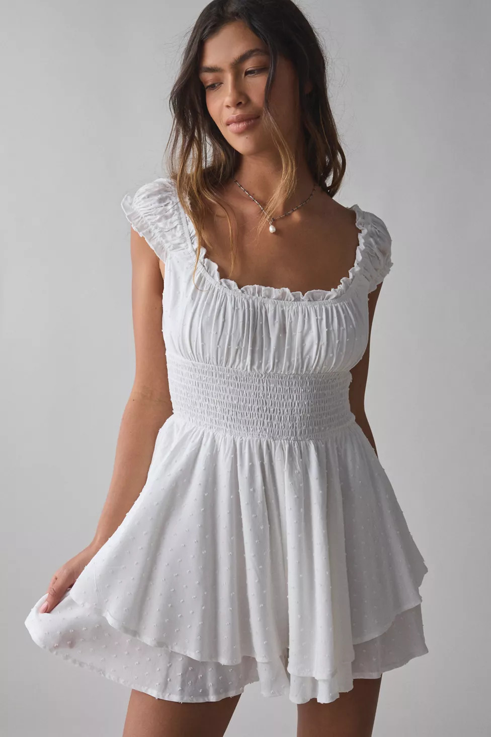 UO Rosie Smocked Tiered Ruffle Romper | Urban Outfitters (US and RoW)