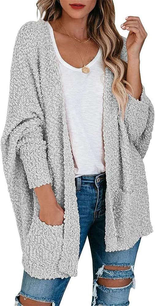 Exlura Women’s Fuzzy Chunky Knit Cardigan Popcorn Fuzzy Batwing Sleeve Open Front Sweater with ... | Amazon (US)