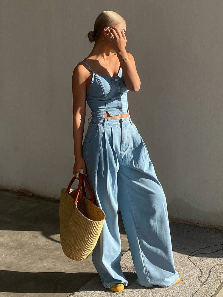 Livesso Women's Denim Cami Top And Wide Leg Pants 2 Pieces Set | SHEIN