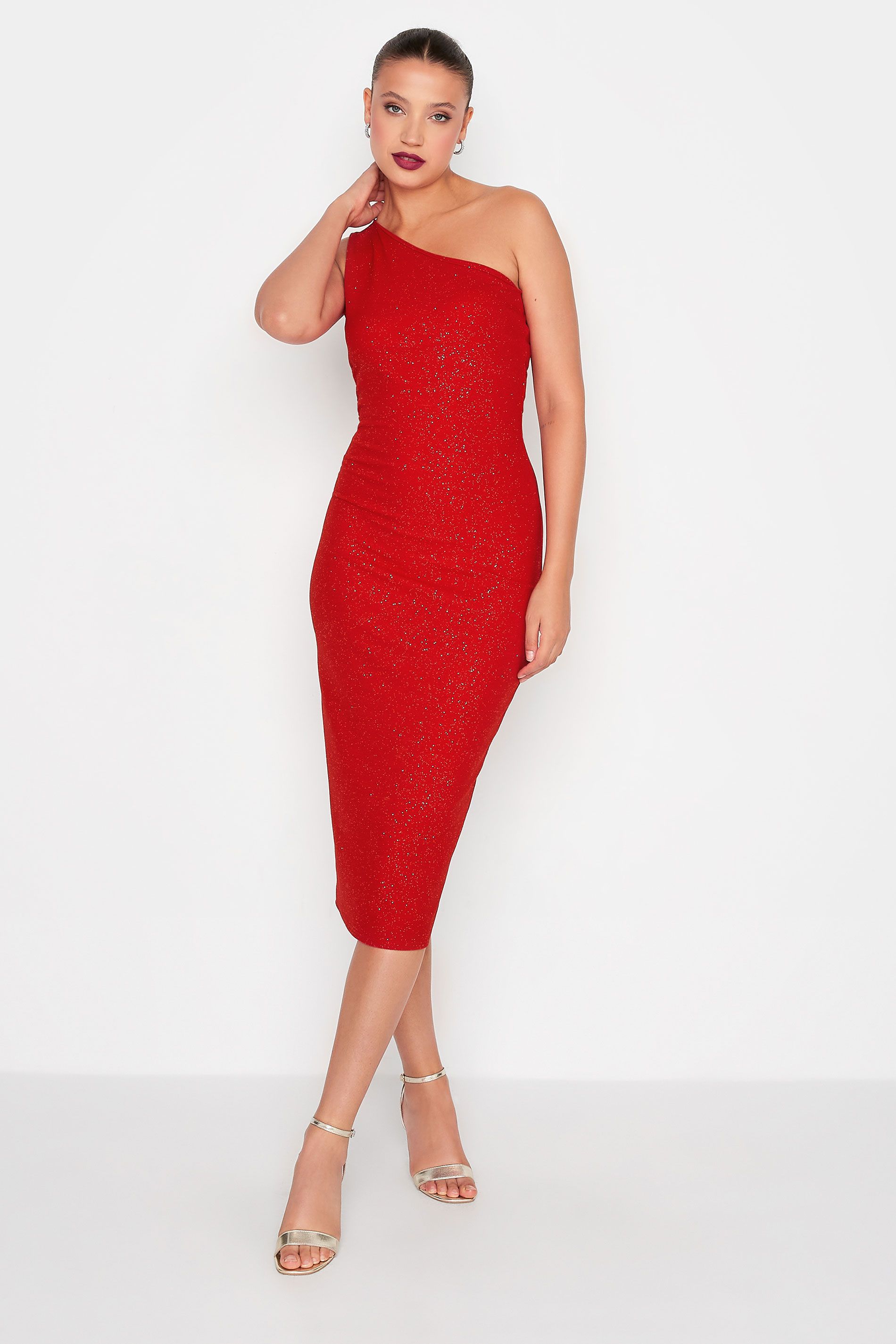LTS Tall Red Glitter One Shoulder Midi Dress | Long Tall Sally