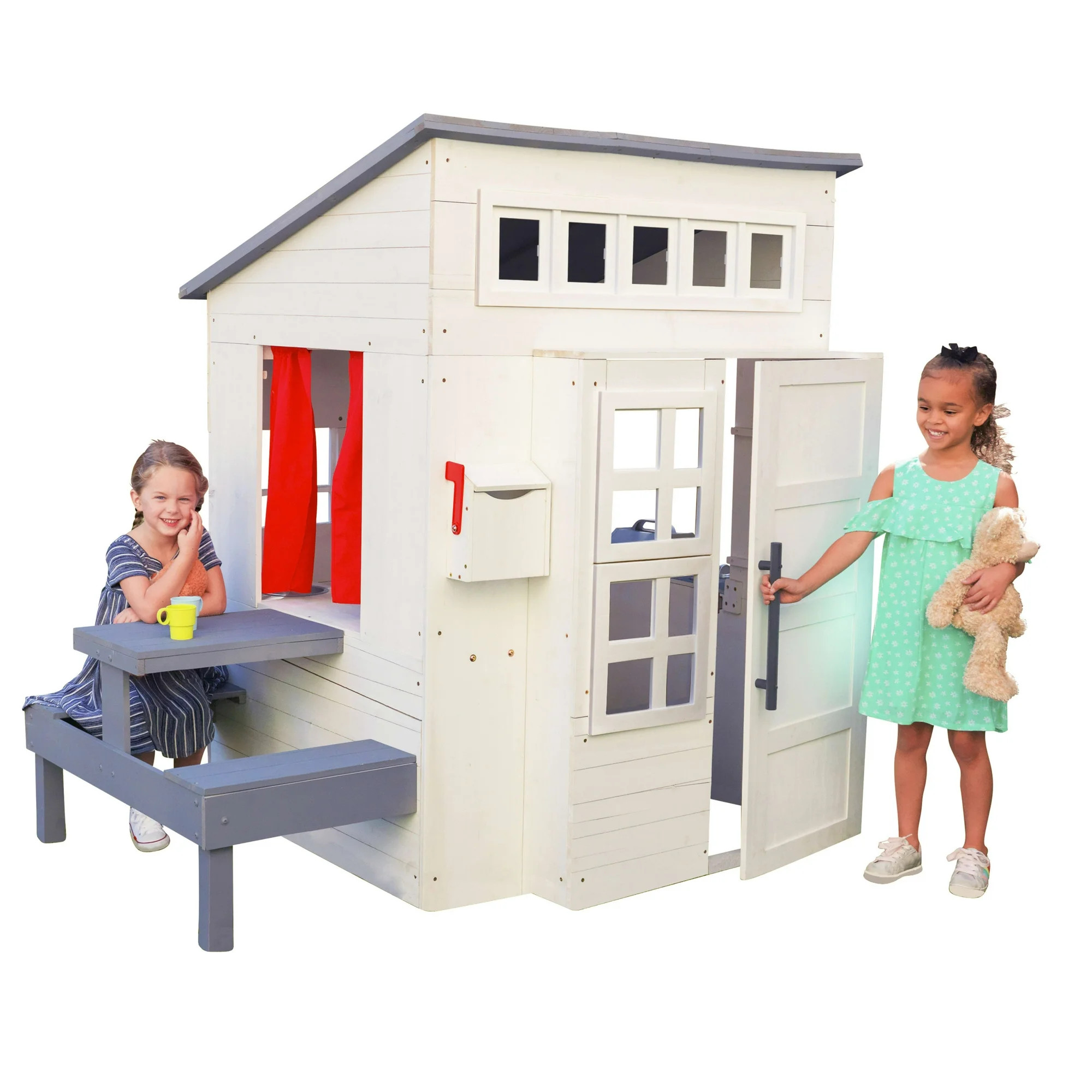 KidKraft Modern Outdoor Wooden Playhouse with Picnic Table, Mailbox & Outdoor Grill, White | Walmart (US)