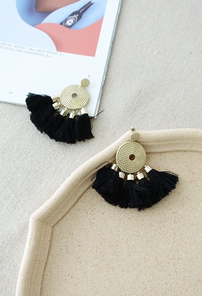 Gold Circle Boho Tassel Earrings | Chicwish