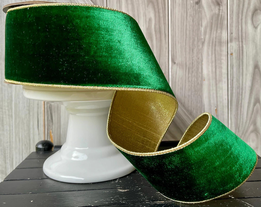 Emerald Green Velvet Gold Dupion Back D Stevens Wired Ribbon, 4 Inch, 10 Yards - Etsy | Etsy (US)