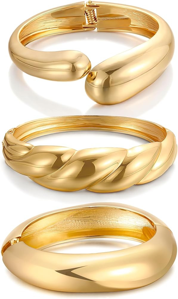 Chunky Gold Bangle Bracelets for Women, Dainty 14k Gold Plated Big Stackable Bangles Set, Trendy ... | Amazon (US)