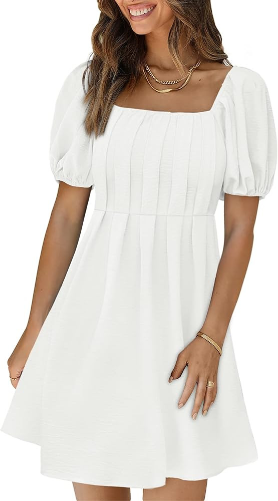 XIEERDUO Womens Square Neck Chest Pleat A-Line Dress Casual Back Smocked Puff Sleeve Mini Dresses | Amazon (US)