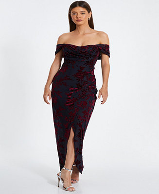 QUIZ Women's Floral Devore Bardot Maxi Dress - Macy's | Macy's