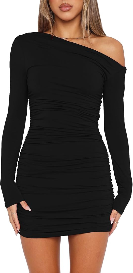 Mokoru Women's Sexy Elegant Off Shoulder Long Sleeve Ruched Bodycon Cocktail Party Mini Dresses | Amazon (US)
