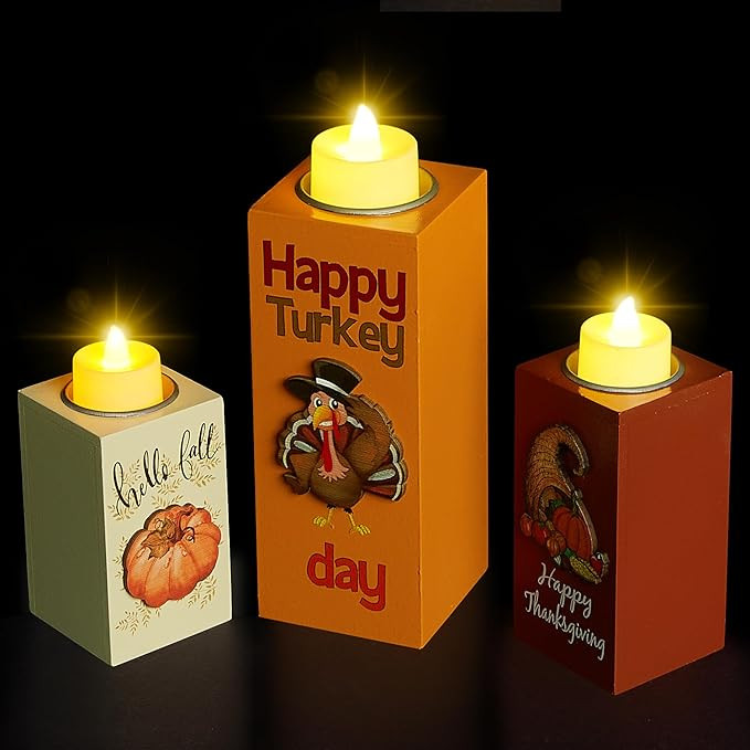 BlcTec Thanksgiving Decorations Indoor, 3 PCS Thanksgiving Wood Candle Holders with LED Tea Light... | Amazon (US)