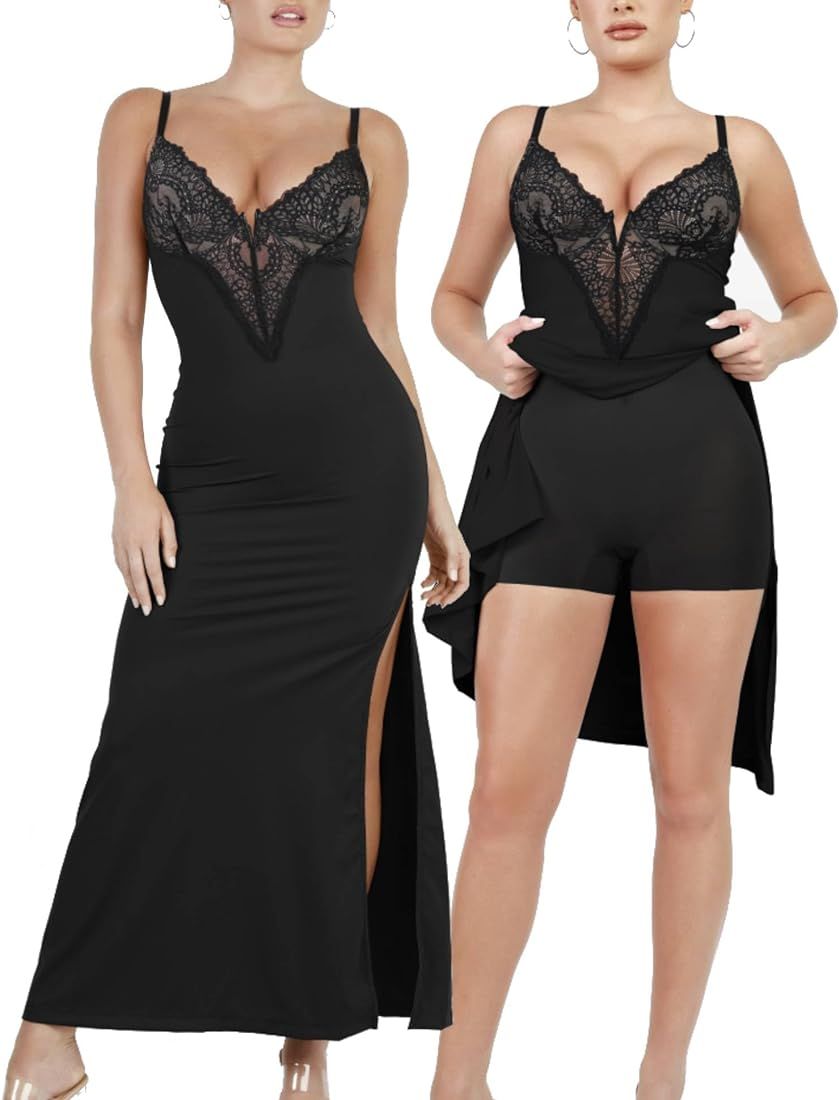 Lace Shaper Dress Built in Shapewear Deep-V Neck Satin Drape Slip Split Maxi Dress Bodycon Evenin... | Amazon (US)