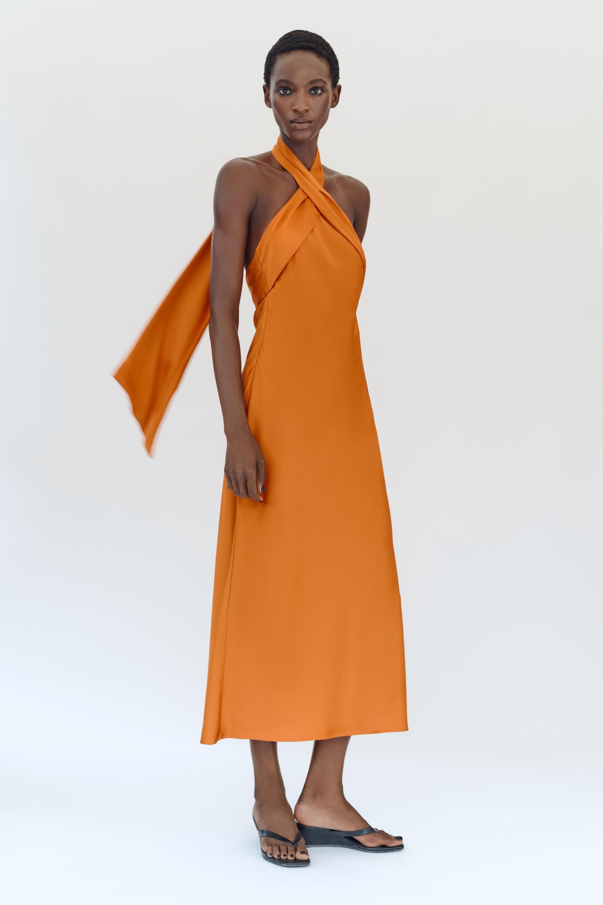 SATIN HALTER MIDI DRESS | Zara US