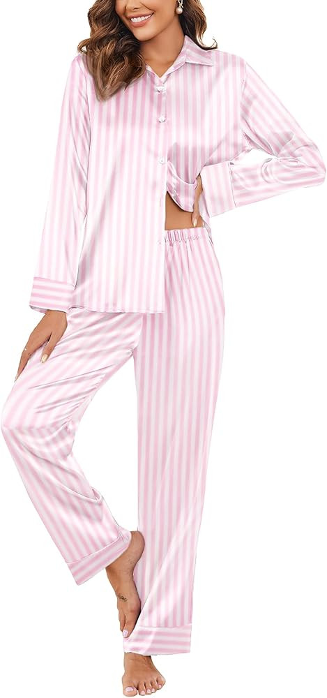 Ekouaer Classic Satin Pajamas for Women Long Sleeve Button Down Sleepwear Soft Silk Loungewear Pj... | Amazon (US)
