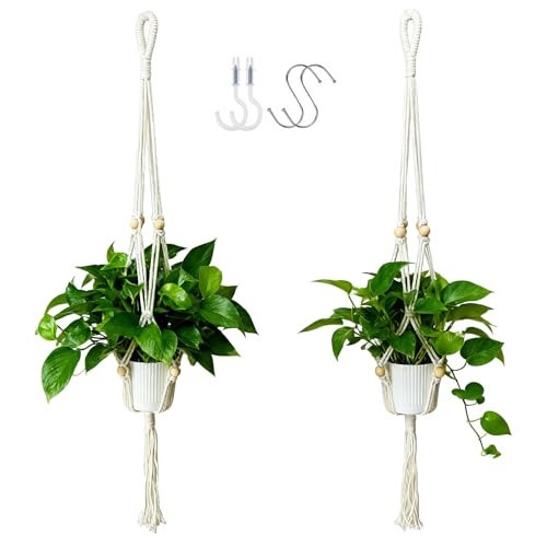 HahaMagic 2-Pack Macrame Plant Hangers with Tassel, 35 Inch Boho Hanging Planters with 4 Hooks for Indoor, Handwoven Cotton Rope Holder for Home Decor (No Pot Included) | Amazon (US)