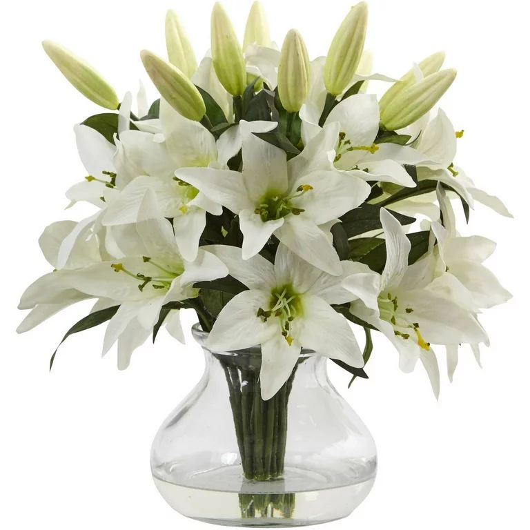 Nearly Natural White Lily Artificial Flower Arrangement with Vase - Walmart.com | Walmart (US)