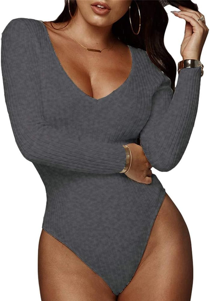 GEMBERA Women's Deep V Neck Long Sleeve Bodysuit Ribbed Knit Bodycon Basic Bodysuit Tops | Amazon (US)