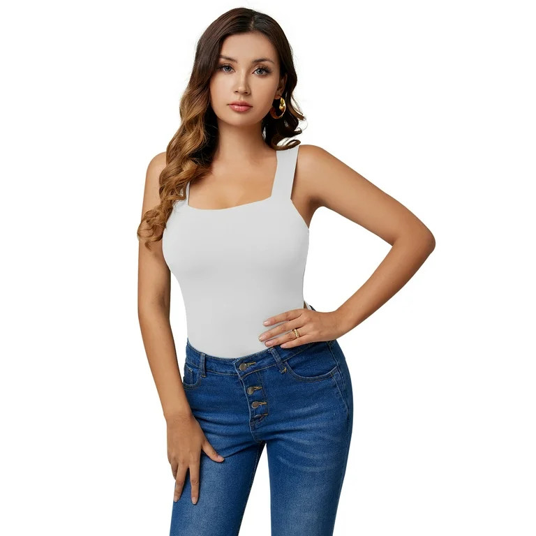 REORIA Women Tank Bodysuit Square Neck Sleeveless White-M | Walmart (US)
