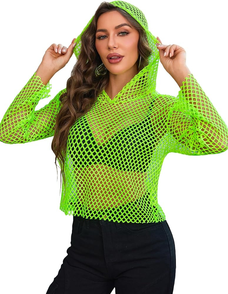 Avidlove Women's Fishnet Top Hoodie Long Sleeve Mesh Shirt Pullover Sweatshirt Rave Festival Club... | Amazon (US)