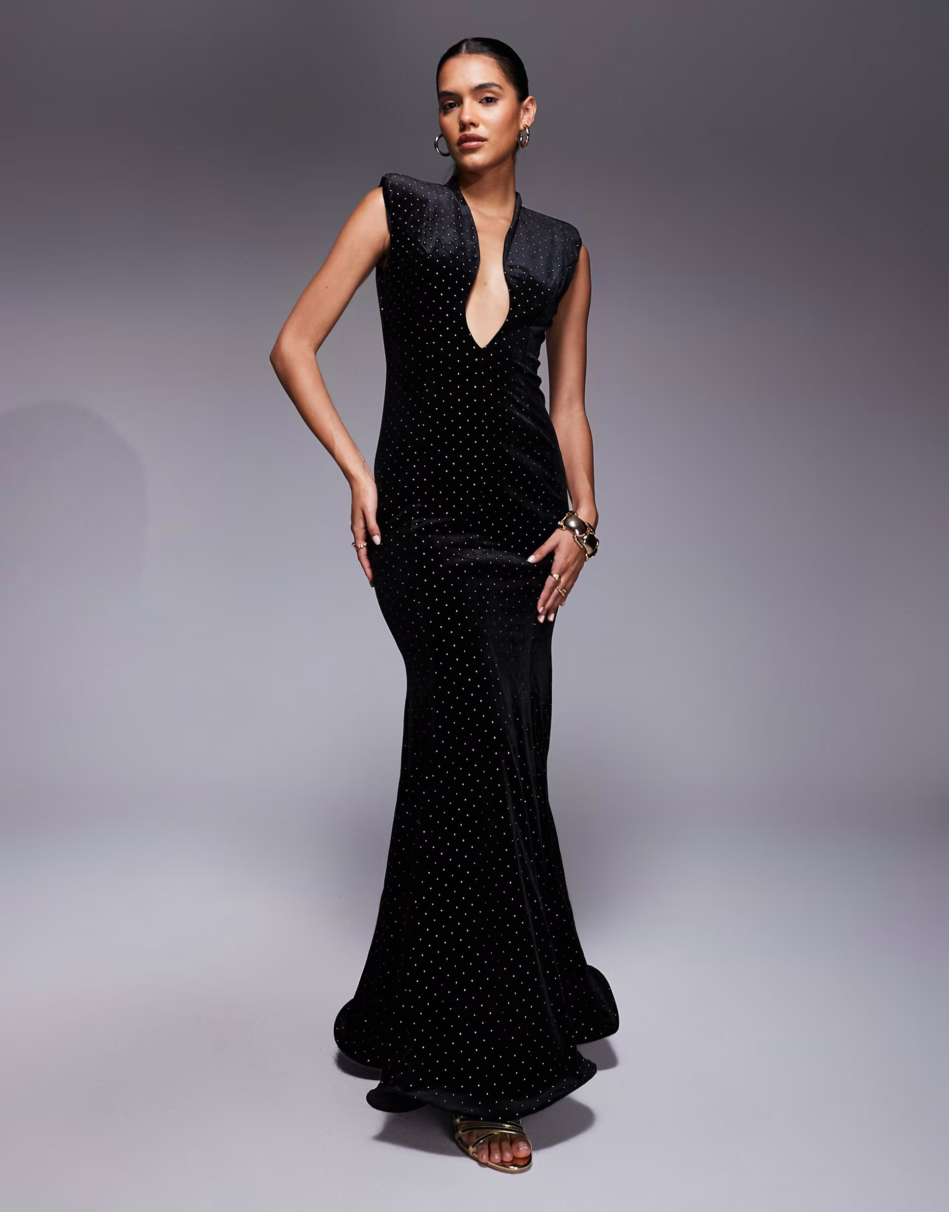 ASOS DESIGN Premium velvet molded plunge fishtail maxi dress in black | ASOS (Global)