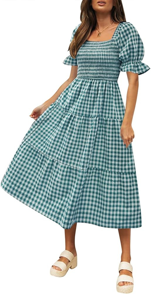 ZESICA Women's 2024 Bohemian Summer Plaid Square Neck Puff Sleeve Ruffle Flowy Beach Midi Dress | Amazon (US)