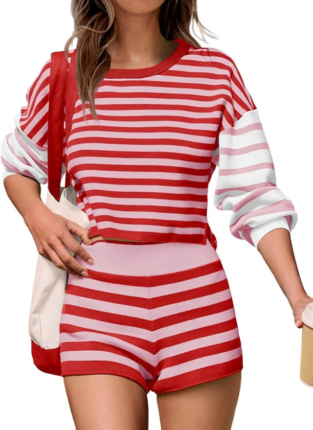 Tankaneo Womens Striped Sweater Sets 2 Piece Outfits Long Sleeve Color Block Knit Tops Matching S... | Amazon (US)