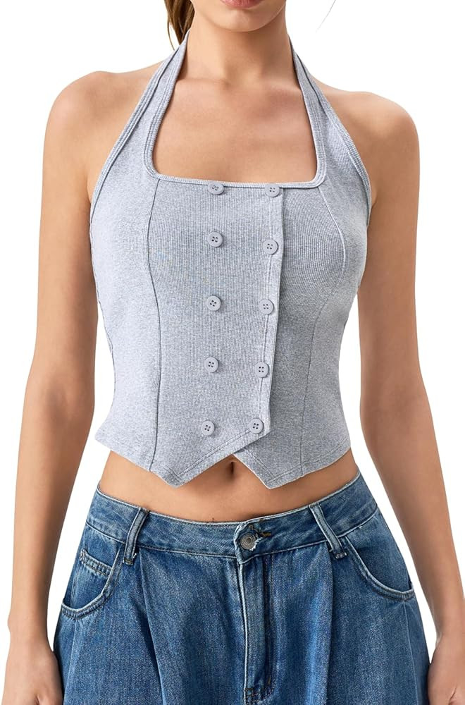 QINSEN Ribbed Sleeveless Tank for Womens Halter Neck Button Trim Slim Fit Cropped Shirt Going Out... | Amazon (US)