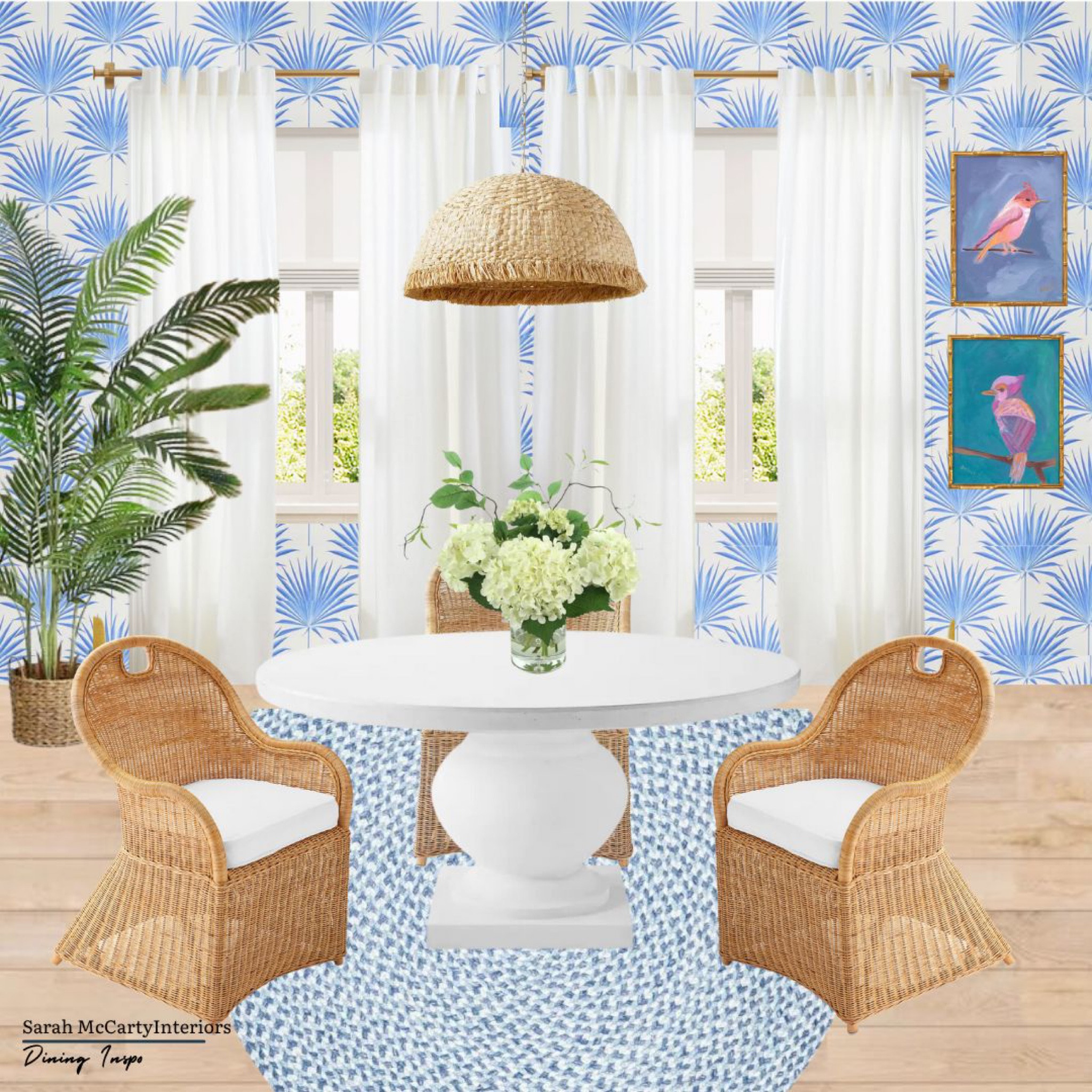 Light & bright dining area design 💙🌿Statement-making blue and white wallpaper, rattan and woven furniture, lighting, dining table, kitchen table, colorful art, modern coastal, kitchen dining decor, home design, room design

#LTKhome #LTKstyletip