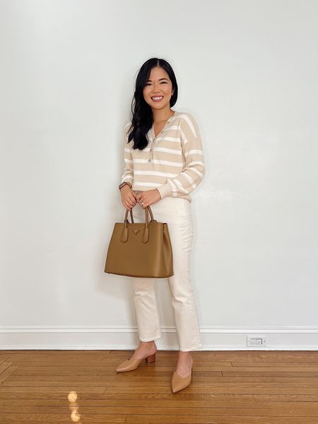 Fall casual outfit, LOFT, transitional outfit, teacher outfit idea, casual work outfit: beige and white striped sweater (XS), off white high waisted jeans, brown mule pumps (TTS), brown block heel pumps.

#LTKstyletip #LTKSeasonal #LTKunder50