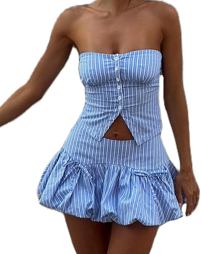 Bowanadacles Women Y2k Striped Skirts Set Summer 2 Piece Outfits Sexy Bodycon Tube Top Matching L... | Amazon (US)