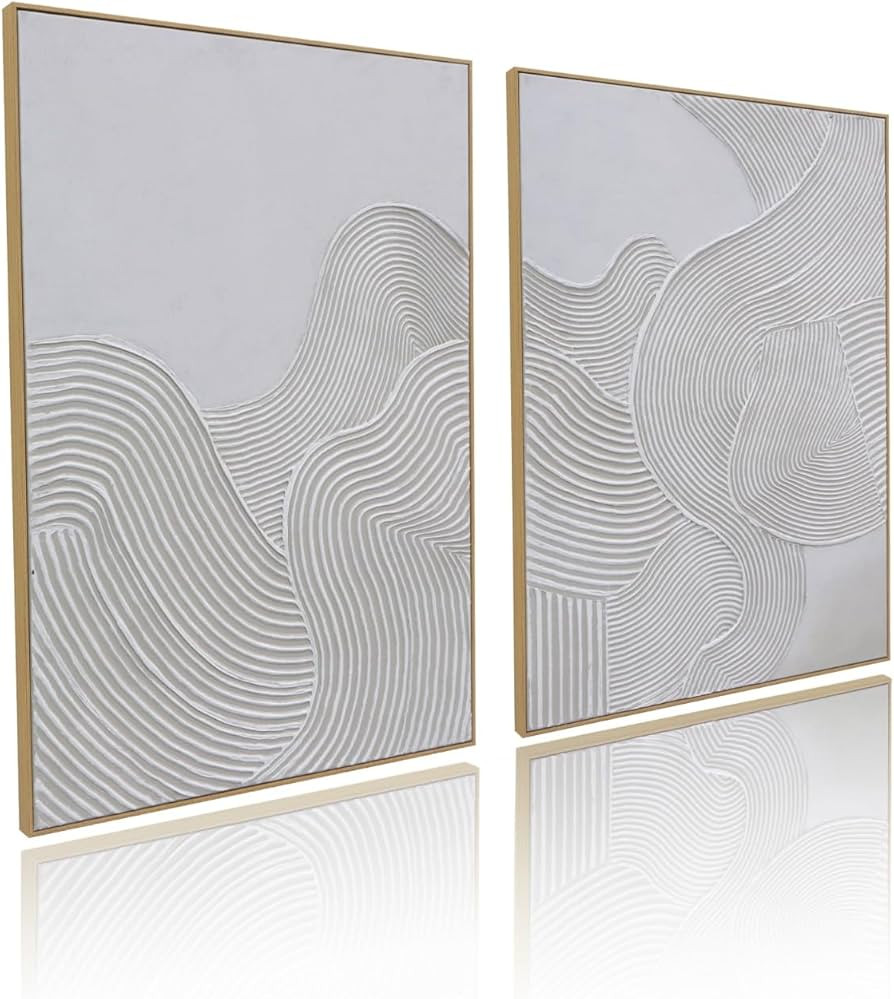 Framed Neutral Abstract Wall-Art Painting - Large Abstract Canvas Wall Decor 3D Curve Illustratio... | Amazon (US)