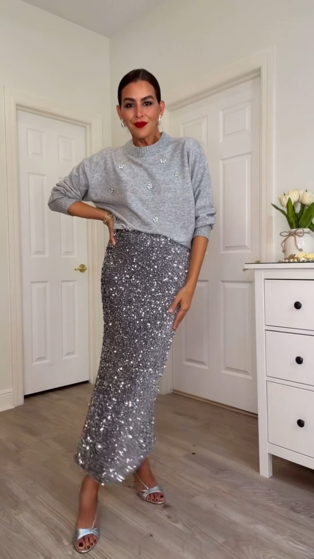 All sizing  and detail below ⬇️ 
white button down in sizeL.
Sequin skirt in size small. Gray sweater in size medium.
Black jeans in size 2.
All dresses in size small. Burgundy setting set in size small. Burgundy sweater in size medium.
White leg jeans in size 26L.
Lipsticks
First lipstick is feels so grand linked.
Second lipstick is the MVP.


#LTKootd #LTKGiftGuide #LTKHoliday