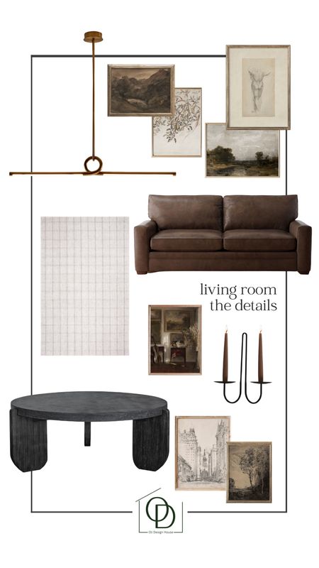Moody living room details with a dark leather couch, double candle sconce, linear chandelier, checkered rug, round black coffee table, vintage gallery art

#LTKstyletip #LTKhome #LTKsalealert