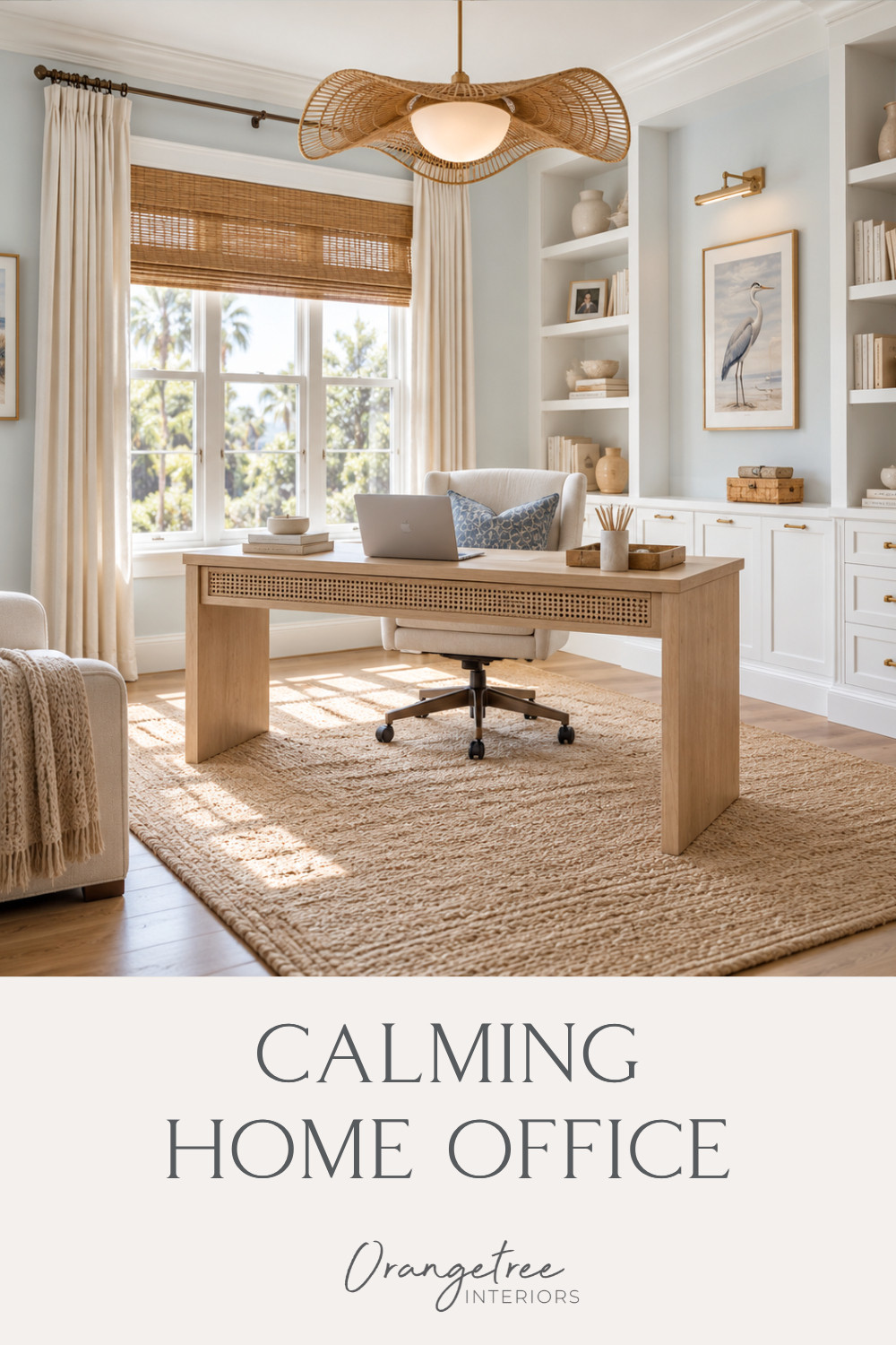 A calming home office designed to support focus and productivity while still feeling relaxed and inviting. Soft blue-green walls, warm wood tones, natural woven textures and coastal-inspired decor create a peaceful workspace with plenty of warmth and character. Built-in storage keeps the room functional, while layered window treatments, a natural fiber rug and comfortable desk chair soften the space. Shop the furniture, lighting, rug, window treatments and home office decor used to create this look.

#affiliate #HomeOffice #HomeOfficeIdeas #CalmingHomeOffice #HomeOfficeDesign #CoastalHomeOffice #WorkFromHomeOffice 

 #LTKselfcare #LTKHome