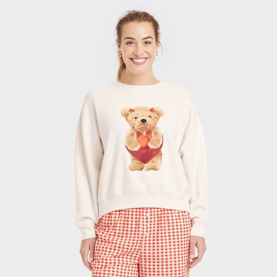 Women's Valentine's Day Teddy Bear Heart Graphic Sweatshirt - Off-White | Target