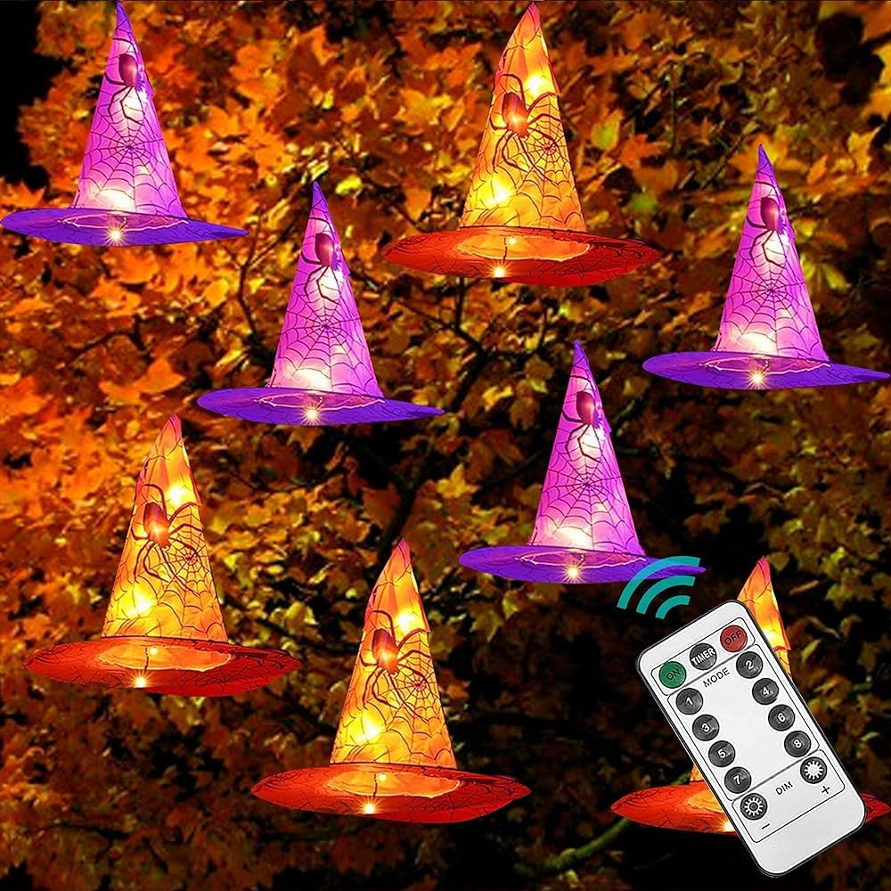 Dazzle Bright 8 Pcs Hanging Witch Hat String Lights, Light Up Waterproof Halloween Decorations with  | Amazon (US)