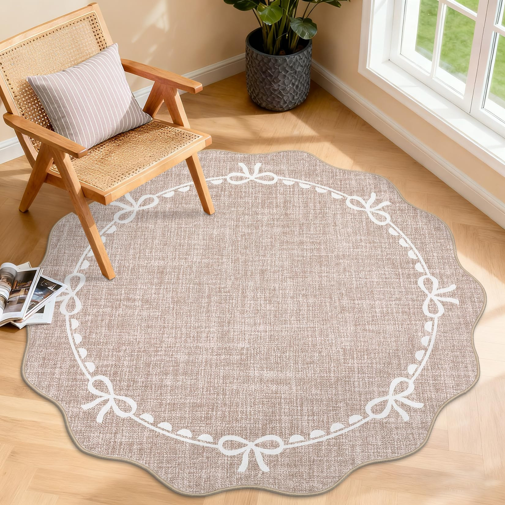 GarveeHome Scalloped Bow Rug for Living Room, 4ft Round Rugs Washable Solid Camel Rug for Dorm So... | Amazon (US)