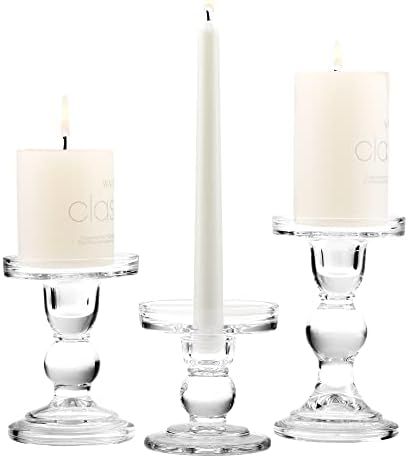 GMWD 3 Pcs Glass Candle Holder Set Clear, Transparent Candlesticks Holders Pillar Taper Candles T... | Amazon (US)