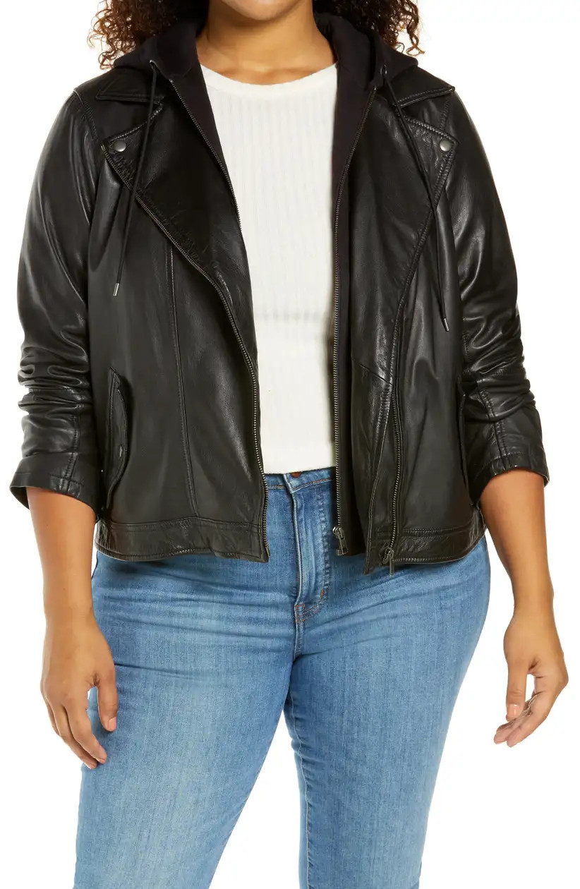 Caslon® Leather Moto Jacket with Removable Hood (Plus Size) | Nordstrom
