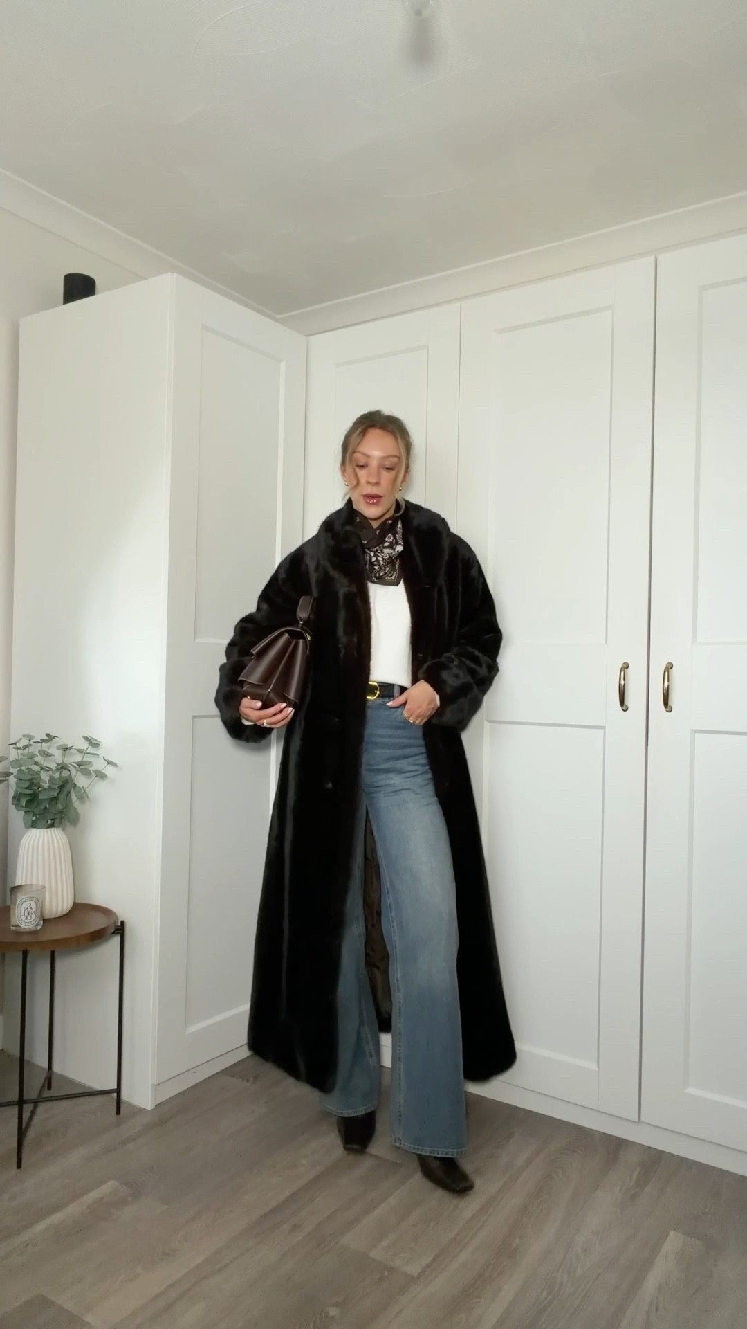 Winter outfit, faux fur coat, wardrobe essentials, chocolate brown, wide leg jeans,  brown boots, satin scarf 

#LTKwinter #LTKuk #LTKstyletip