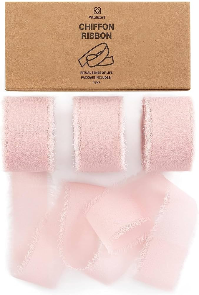 Vitalizart Blush Pink Chiffon Silk Ribbon 1" x 21 Yd Fringe Fabric Package (3 Rolls * 7 Yd) for W... | Amazon (US)