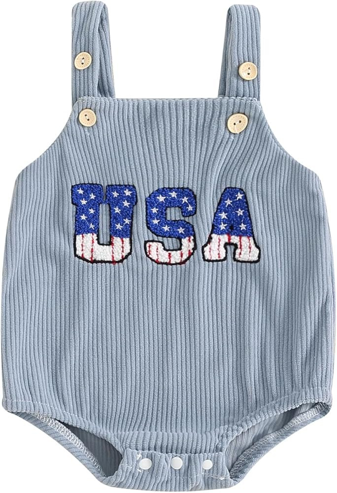 Lesimsam 4th of July Baby Girl Outfit Newborn Infant Strap Sleeveless USA Embroidery Overall Romp... | Amazon (US)
